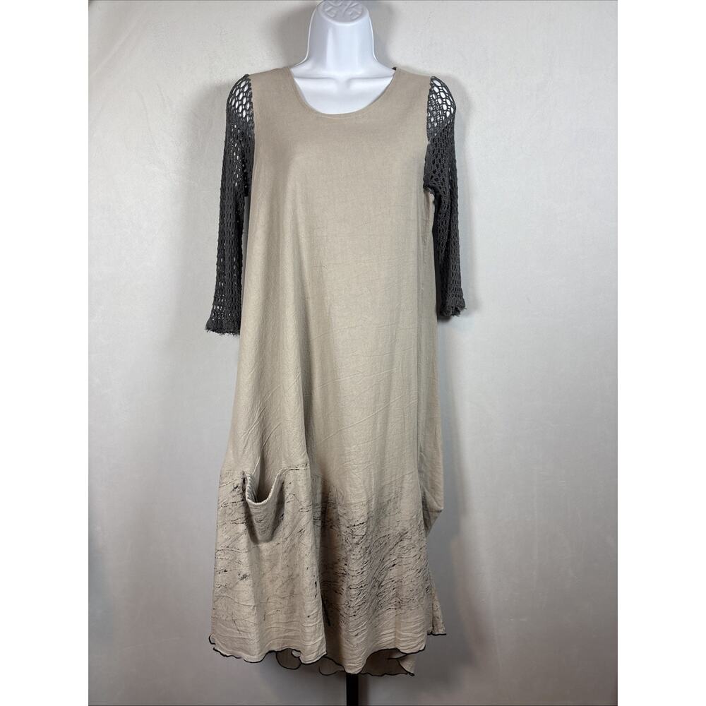 Lee Andersen Midi Dress Women's XS Khaki Mesh Sleeves Asymmetrical Relaxed Artsy